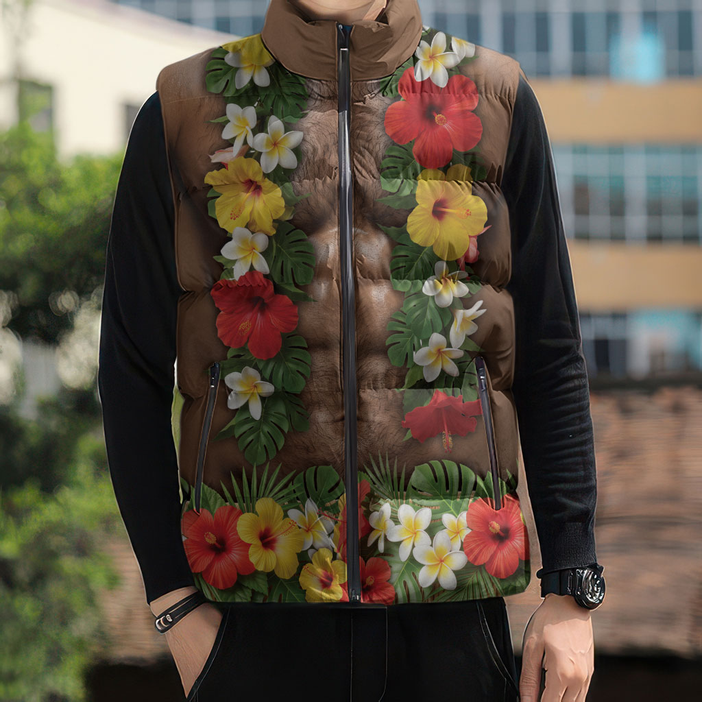 Muscle Hairy Hawaii 3D Funny Graphic Sleeveless Puffer Jacket Six Pack Abs Flower Lei Luau Prank DT05 - Polynesian Pride