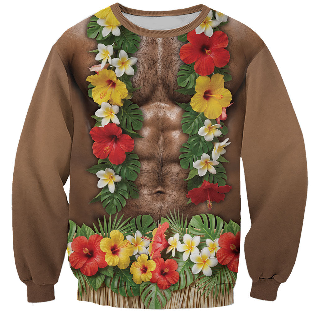 Muscle Hairy Hawaii 3D Funny Graphic Sweatshirt Six Pack Abs Flower Lei Luau Prank DT05 Unisex Beige - Polynesian Pride