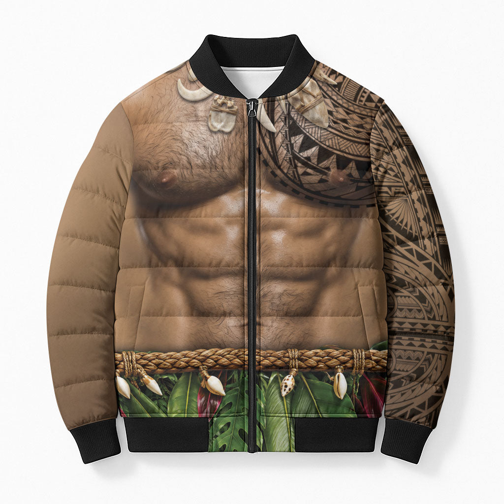 Warrior Muscle Tattoo 3D Funny Graphic Bomber Puffer Jacket Six Pack Abs Bone Necklace Leaf Skirt DT05 Unisex Beige - Polynesian Pride