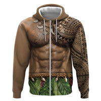 Warrior Muscle Tattoo 3D Funny Graphic Hoodie Six Pack Abs Bone Necklace Leaf Skirt DT05 Zip Hoodie Beige - Polynesian Pride