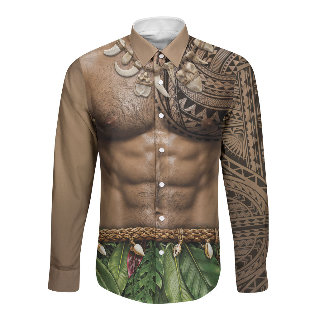 Warrior Muscle Tattoo 3D Funny Graphic Long Sleeve Button Shirt Six Pack Abs Bone Necklace Leaf Skirt