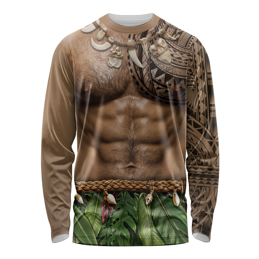 Warrior Muscle Tattoo 3D Funny Graphic Long Sleeve Shirt Six Pack Abs Bone Necklace Leaf Skirt DT05 Unisex Beige - Polynesian Pride