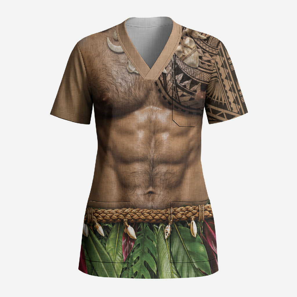 Warrior Muscle Tattoo 3D Funny Graphic Scrub Top Six Pack Abs Bone Necklace Leaf Skirt DT05 Adult Beige - Polynesian Pride