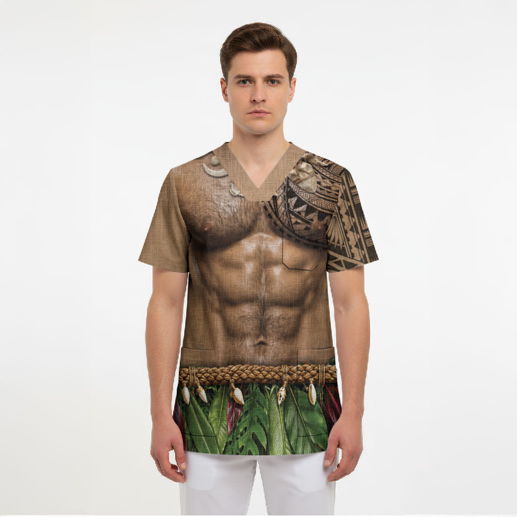 Warrior Muscle Tattoo 3D Funny Graphic Scrub Top Six Pack Abs Bone Necklace Leaf Skirt DT05 - Polynesian Pride