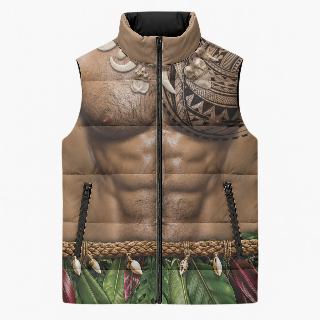 Warrior Muscle Tattoo 3D Funny Graphic Sleeveless Puffer Jacket Six Pack Abs Bone Necklace Leaf Skirt DT05 Unisex Beige - Polynesian Pride