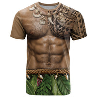 Warrior Muscle Tattoo 3D Funny Graphic T Shirt Six Pack Abs Bone Necklace Leaf Skirt DT05 Beige - Polynesian Pride