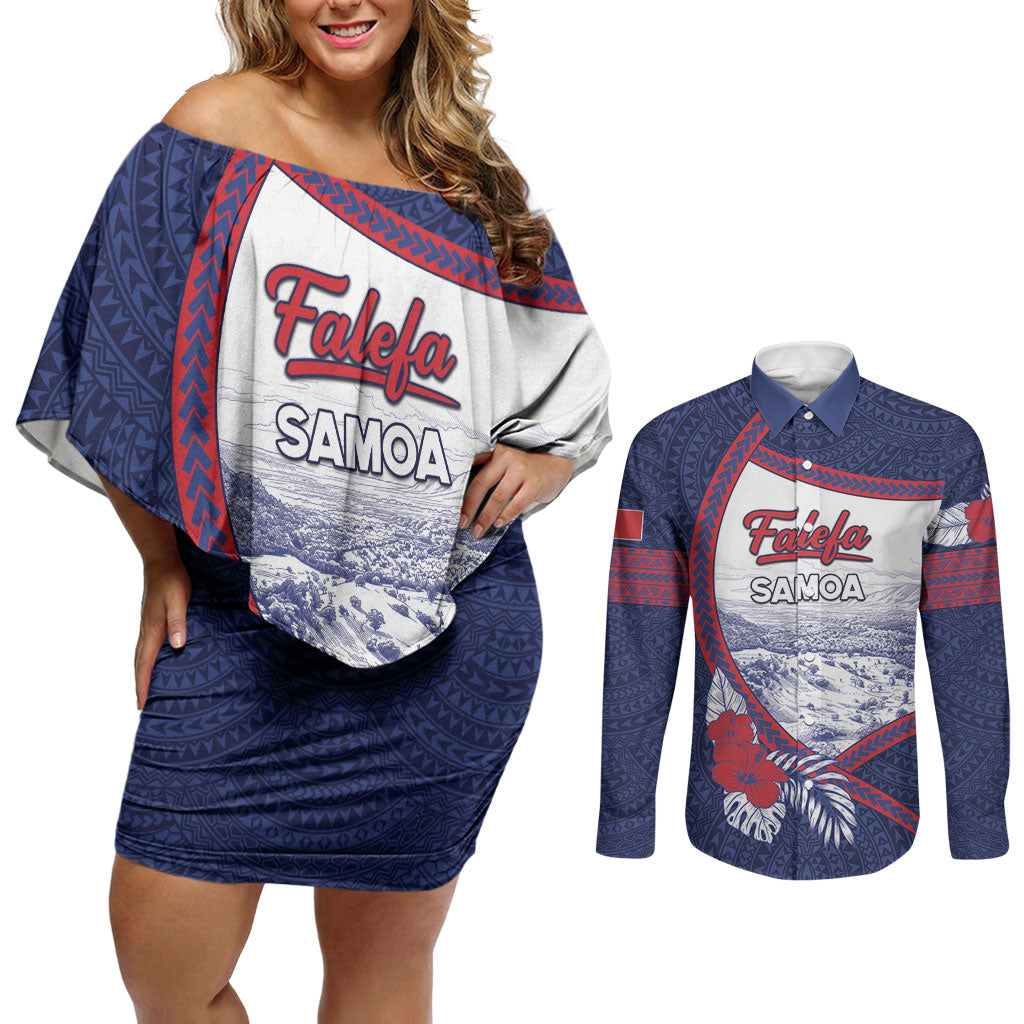 Personalised Falefa Samoa Village Couples Matching Off Shoulder Short Dress and Long Sleeve Button Shirt Valley Polynesian Tribal Hibiscus Floral