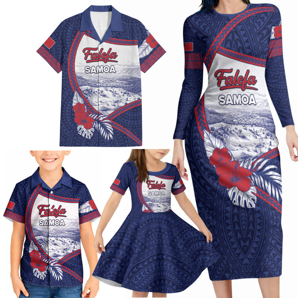 Personalised Falefa Samoa Village Family Matching Long Sleeve Bodycon Dress and Hawaiian Shirt Valley Polynesian Tribal Hibiscus Floral