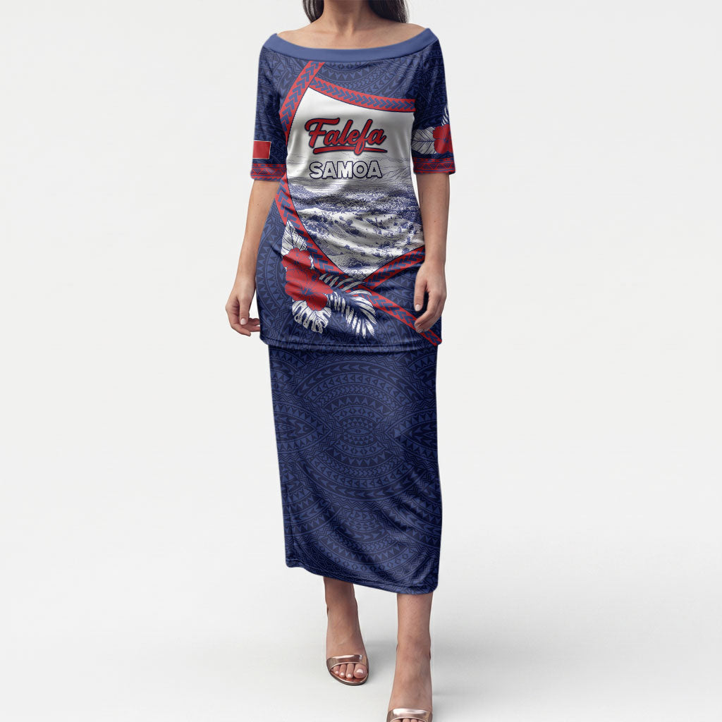 Personalised Falefa Samoa Village Puletasi Valley Polynesian Tribal Hibiscus Floral DT05 Long Dress Navy - Polynesian Pride