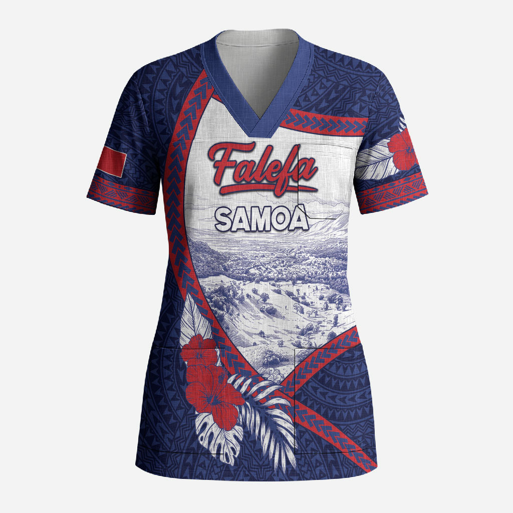 Personalised Falefa Samoa Village Scrub Top Valley Polynesian Tribal Hibiscus Floral
