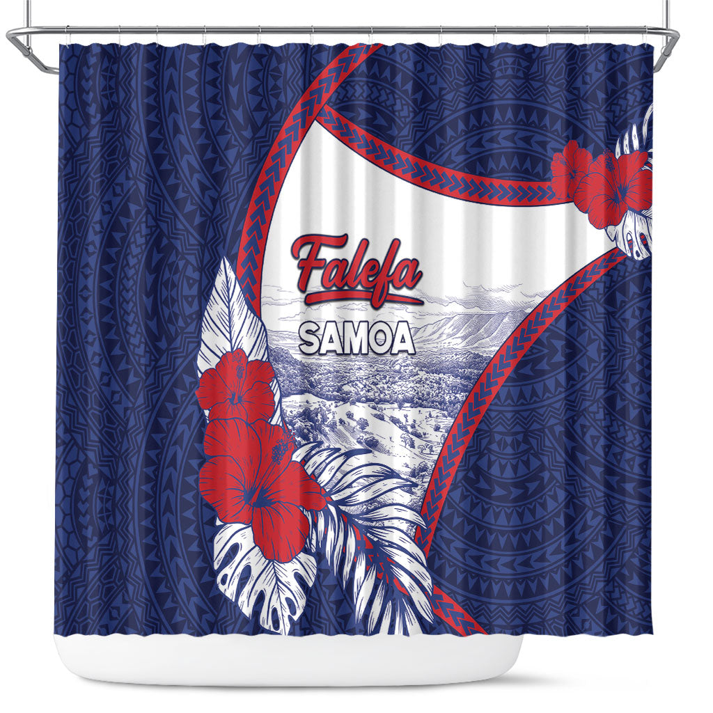 Falefa Samoa Village Shower Curtain Valley Polynesian Tribal Hibiscus Floral DT05 Navy - Polynesian Pride
