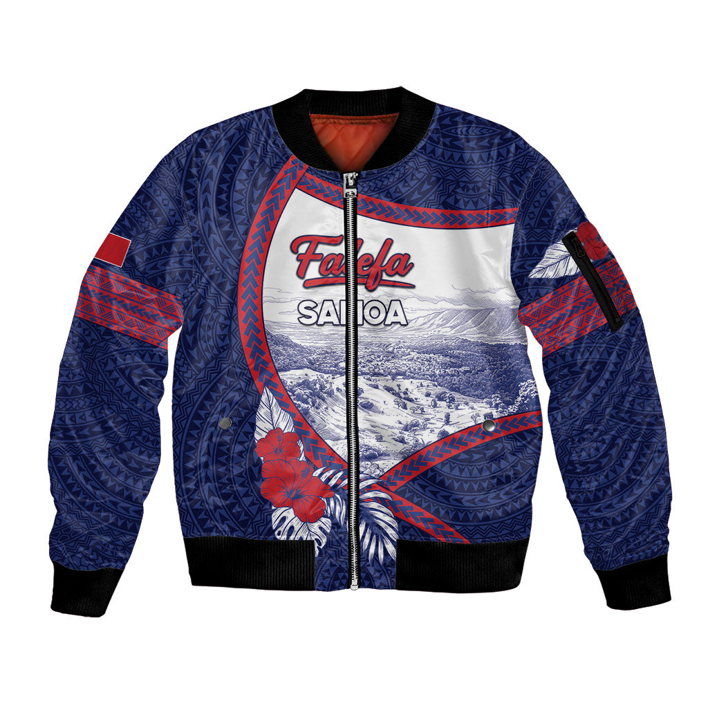 Personalised Falefa Samoa Village Sleeve Zip Bomber Jacket Valley Polynesian Tribal Hibiscus Floral DT05 Unisex Navy - Polynesian Pride