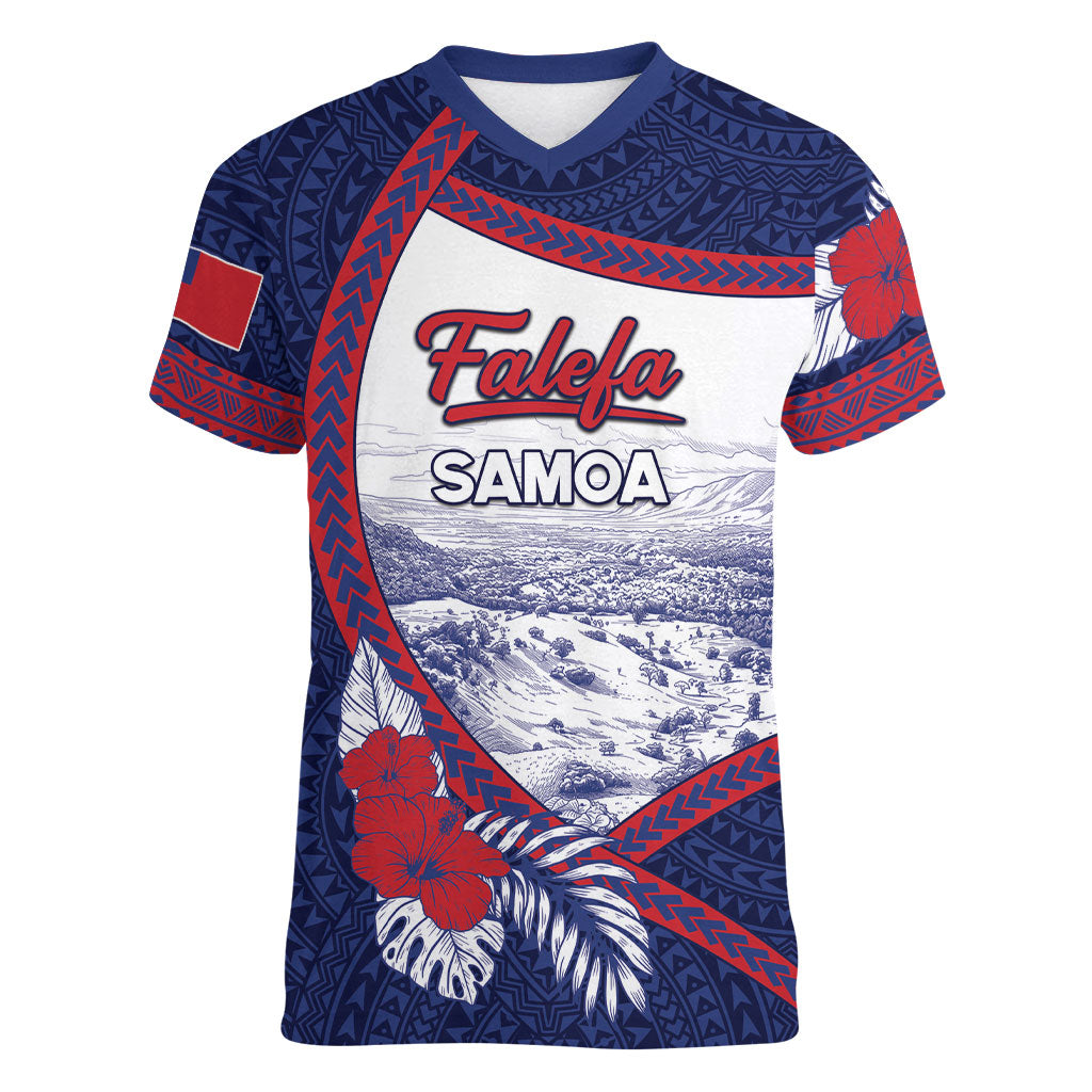 Personalised Falefa Samoa Village Women V-Neck T-Shirt Valley Polynesian Tribal Hibiscus Floral
