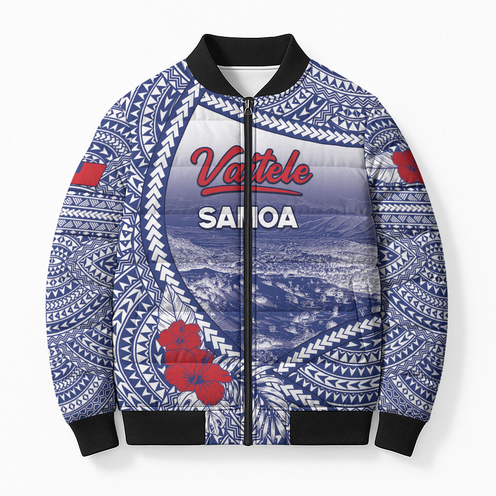 Personalised Vaitele Samoa Village Bomber Puffer Jacket Falefa Valley Polynesian Tribal Hibiscus Floral