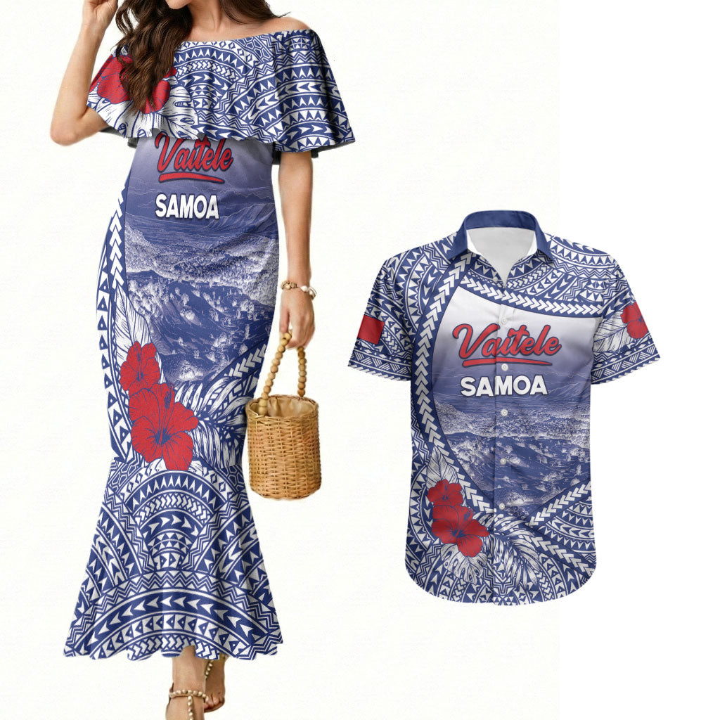 Personalised Vaitele Samoa Village Couples Matching Mermaid Dress and Hawaiian Shirt Falefa Valley Polynesian Tribal Hibiscus Floral