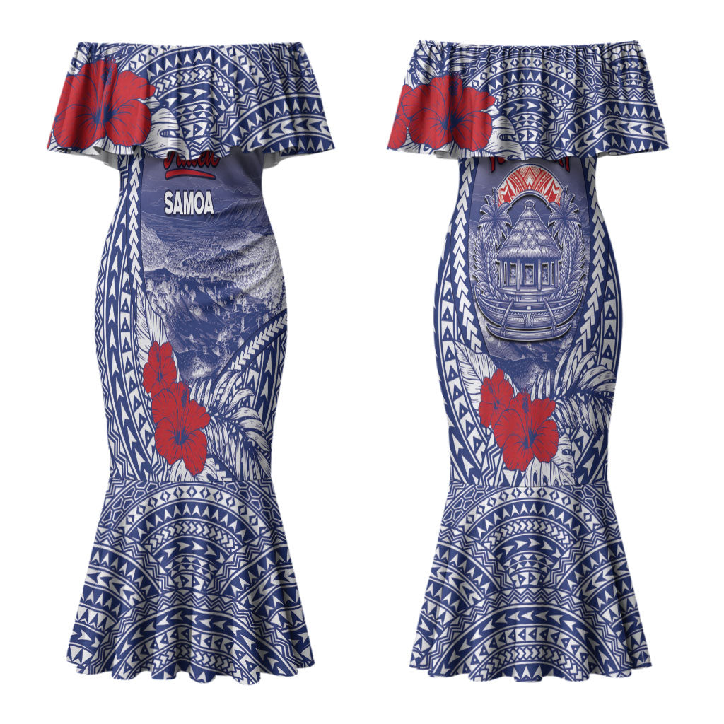 Personalised Vaitele Samoa Village Couples Matching Mermaid Dress and Hawaiian Shirt Falefa Valley Polynesian Tribal Hibiscus Floral