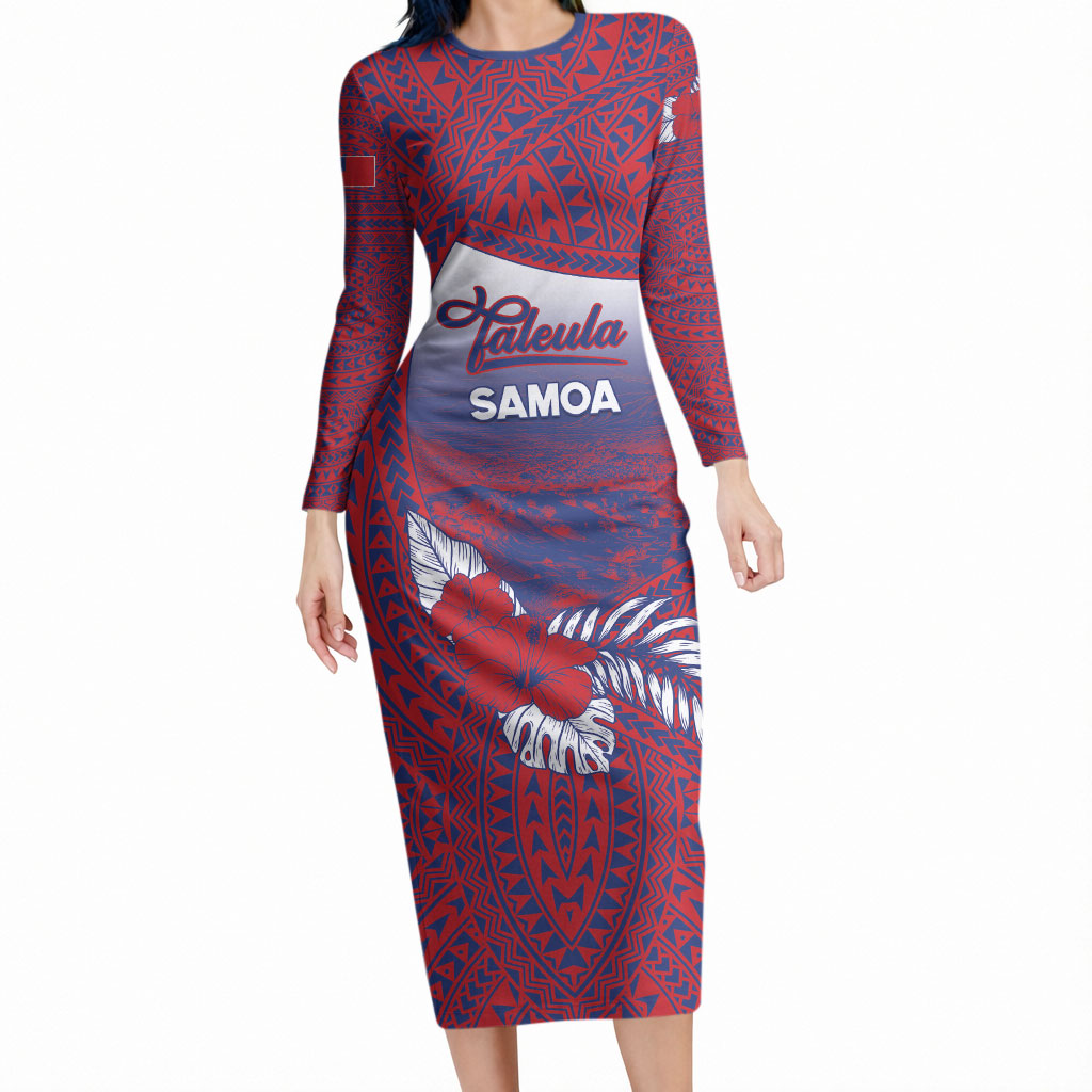 Personalised Faleula Samoa Village Long Sleeve Bodycon Dress Falefa Valley Polynesian Tribal Hibiscus Floral