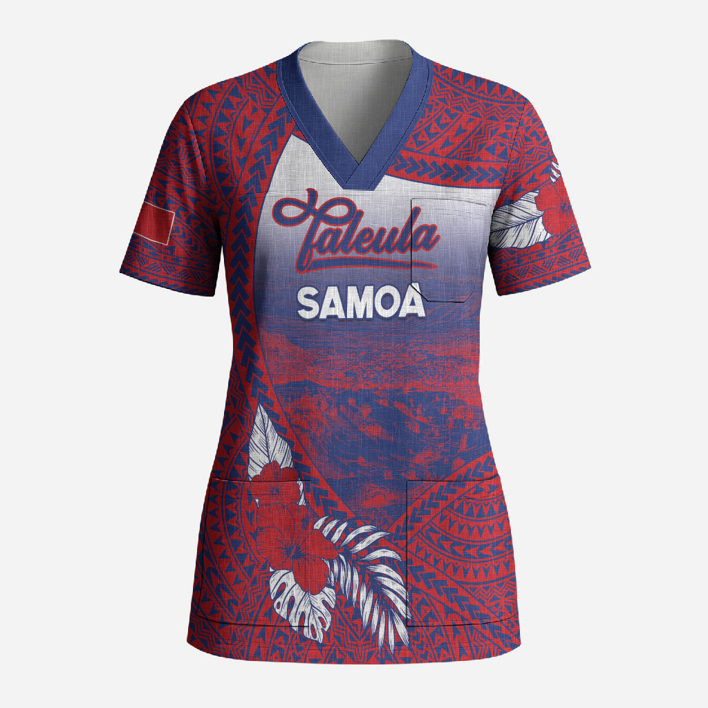 Personalised Faleula Samoa Village Scrub Top Falefa Valley Polynesian Tribal Hibiscus Floral