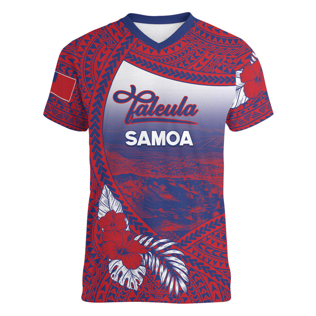 Personalised Faleula Samoa Village Women V-Neck T-Shirt Falefa Valley Polynesian Tribal Hibiscus Floral