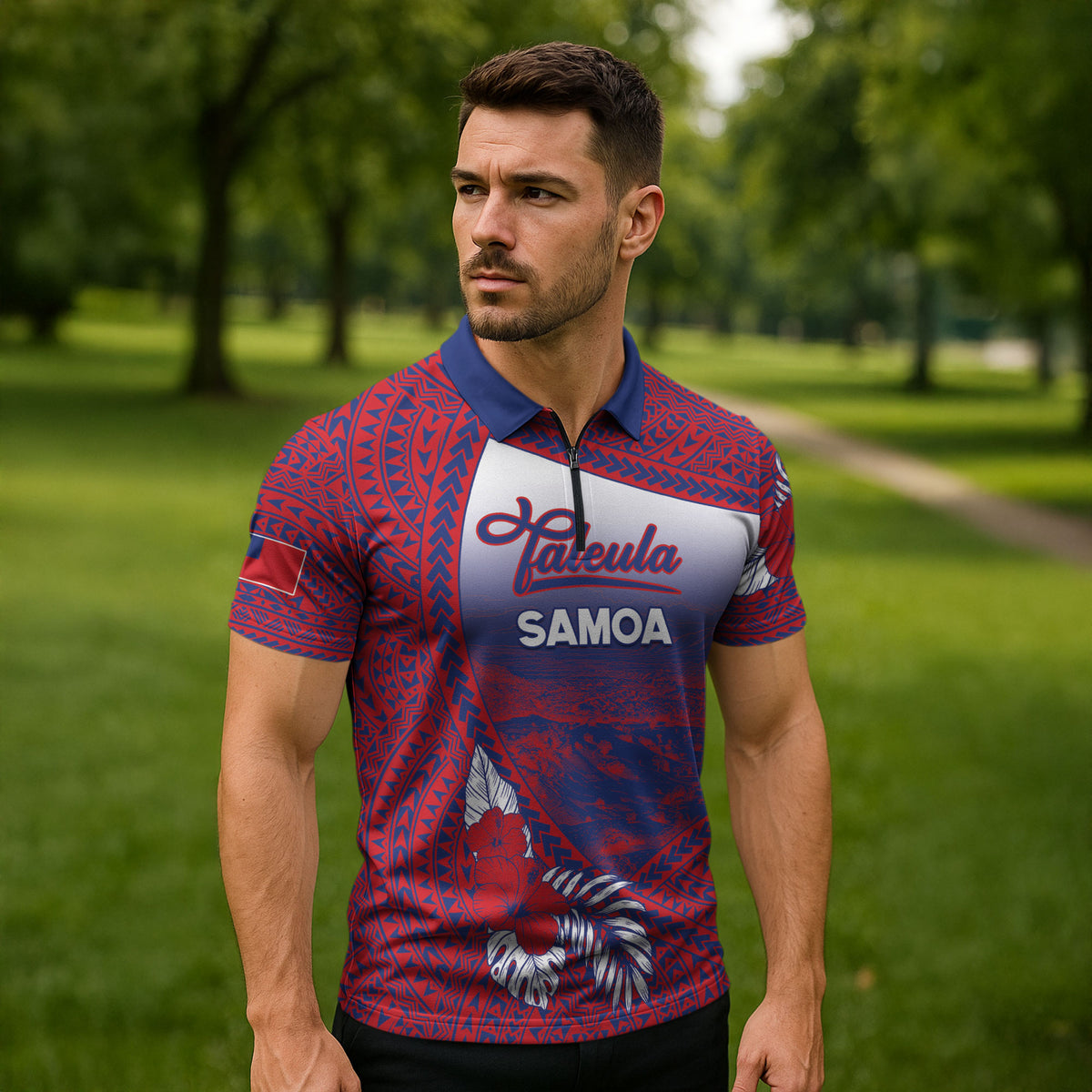 Personalised Faleula Samoa Village Zipper Polo Shirt Falefa Valley Polynesian Tribal Hibiscus Floral