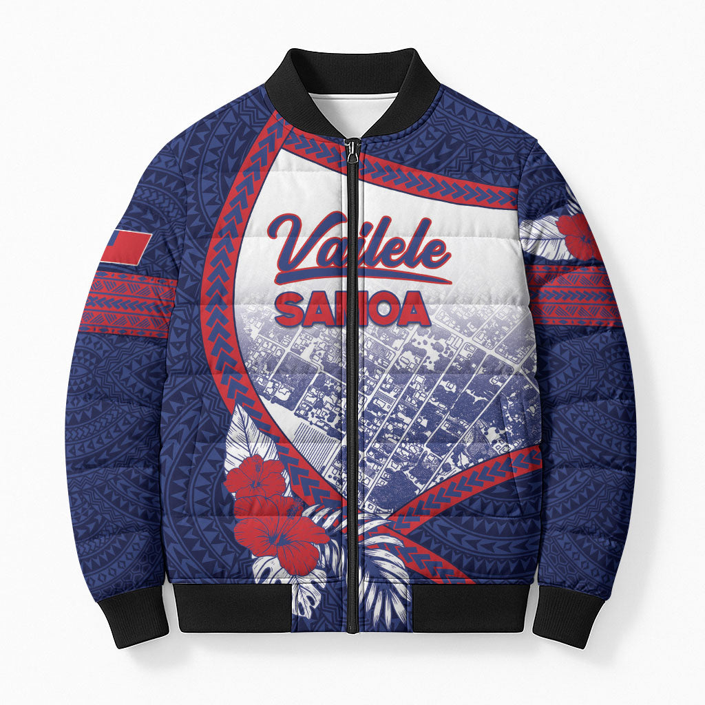 Personalised Vailele Samoa Village Bomber Puffer Jacket Map Polynesian Tribal Hibiscus Floral