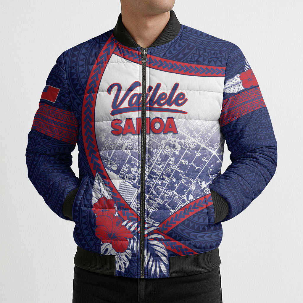 Personalised Vailele Samoa Village Bomber Puffer Jacket Map Polynesian Tribal Hibiscus Floral