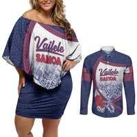 Personalised Vailele Samoa Village Couples Matching Off Shoulder Short Dress and Long Sleeve Button Shirt Map Polynesian Tribal Hibiscus Floral