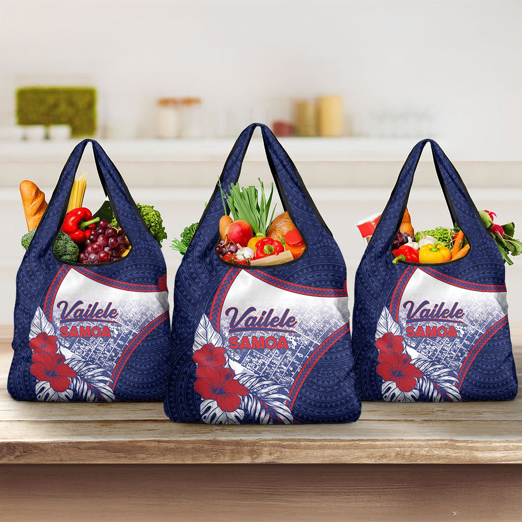 Vailele Samoa Village Grocery Bag Map Polynesian Tribal Hibiscus Floral DT05 3-pack One Size Navy - Polynesian Pride