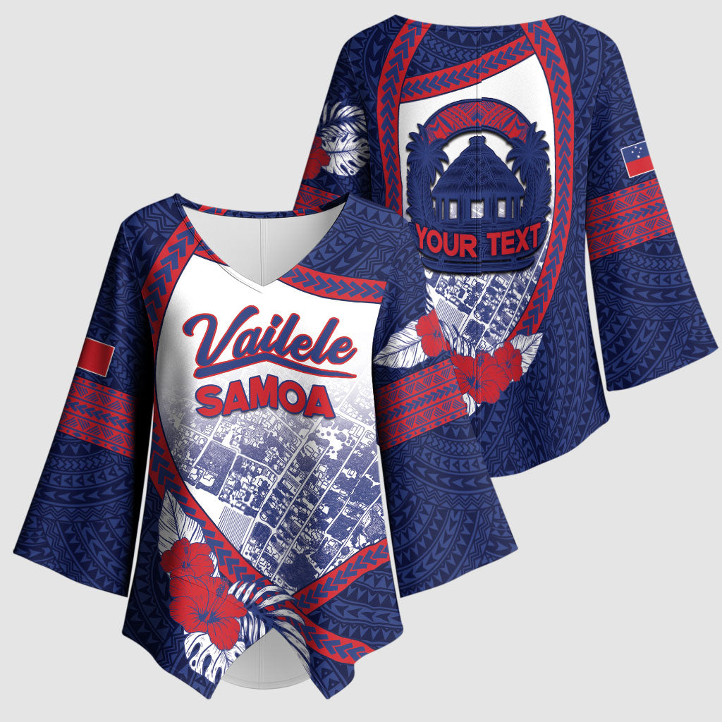 Personalised Vailele Samoa Village Kimono Sleeve Blouse Map Polynesian Tribal Hibiscus Floral