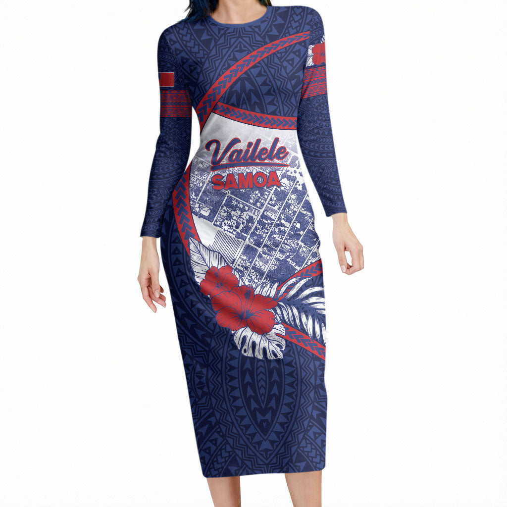 Personalised Vailele Samoa Village Long Sleeve Bodycon Dress Map Polynesian Tribal Hibiscus Floral