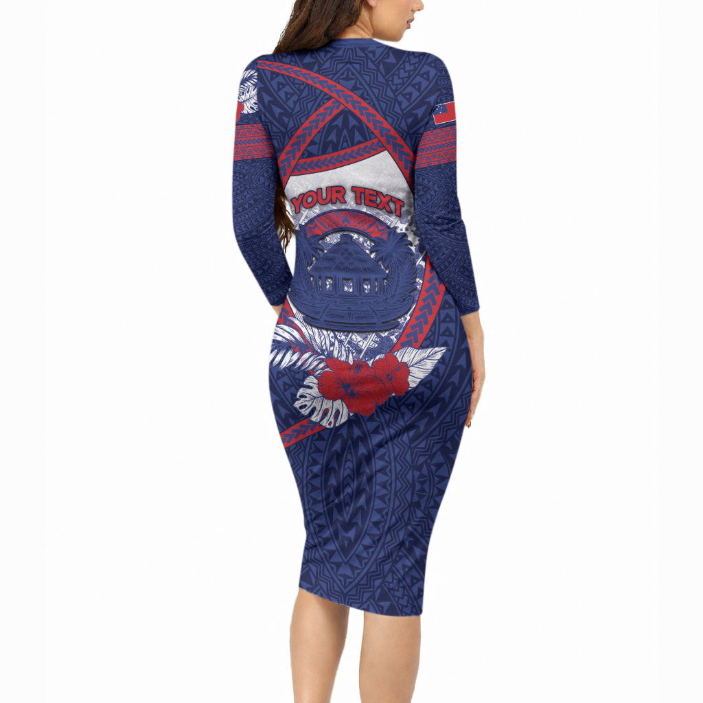 Personalised Vailele Samoa Village Long Sleeve Bodycon Dress Map Polynesian Tribal Hibiscus Floral