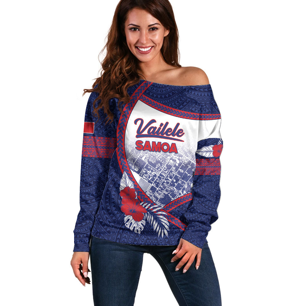 Personalised Vailele Samoa Village Off Shoulder Sweater Map Polynesian Tribal Hibiscus Floral DT05 Women Navy - Polynesian Pride