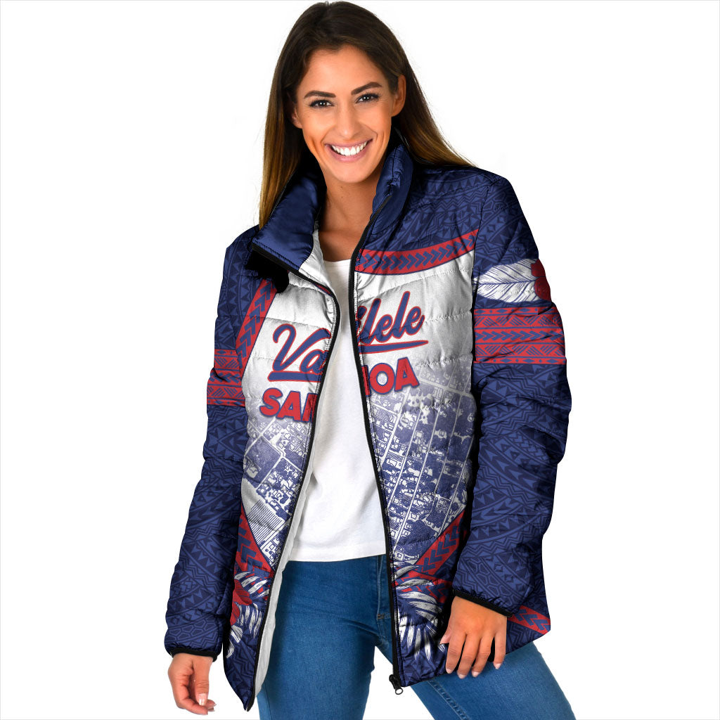 Personalised Vailele Samoa Village Padded Jacket Map Polynesian Tribal Hibiscus Floral DT05 Women Navy - Polynesian Pride