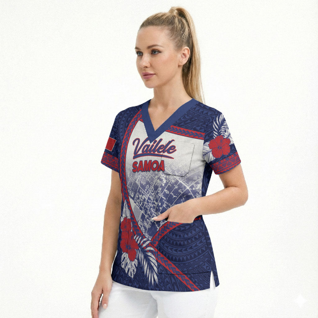Personalised Vailele Samoa Village Scrub Top Map Polynesian Tribal Hibiscus Floral DT05 - Polynesian Pride