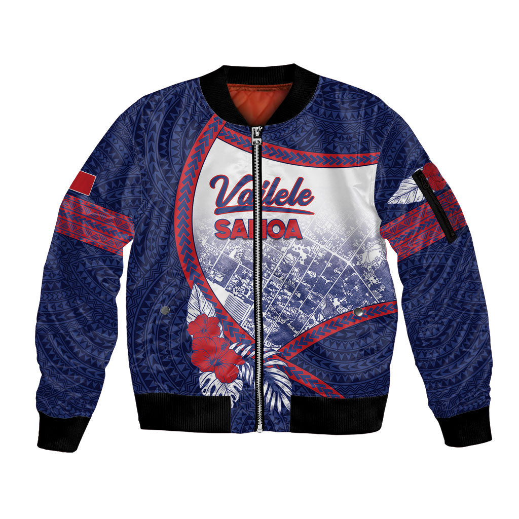 Personalised Vailele Samoa Village Sleeve Zip Bomber Jacket Map Polynesian Tribal Hibiscus Floral DT05 Unisex Navy - Polynesian Pride