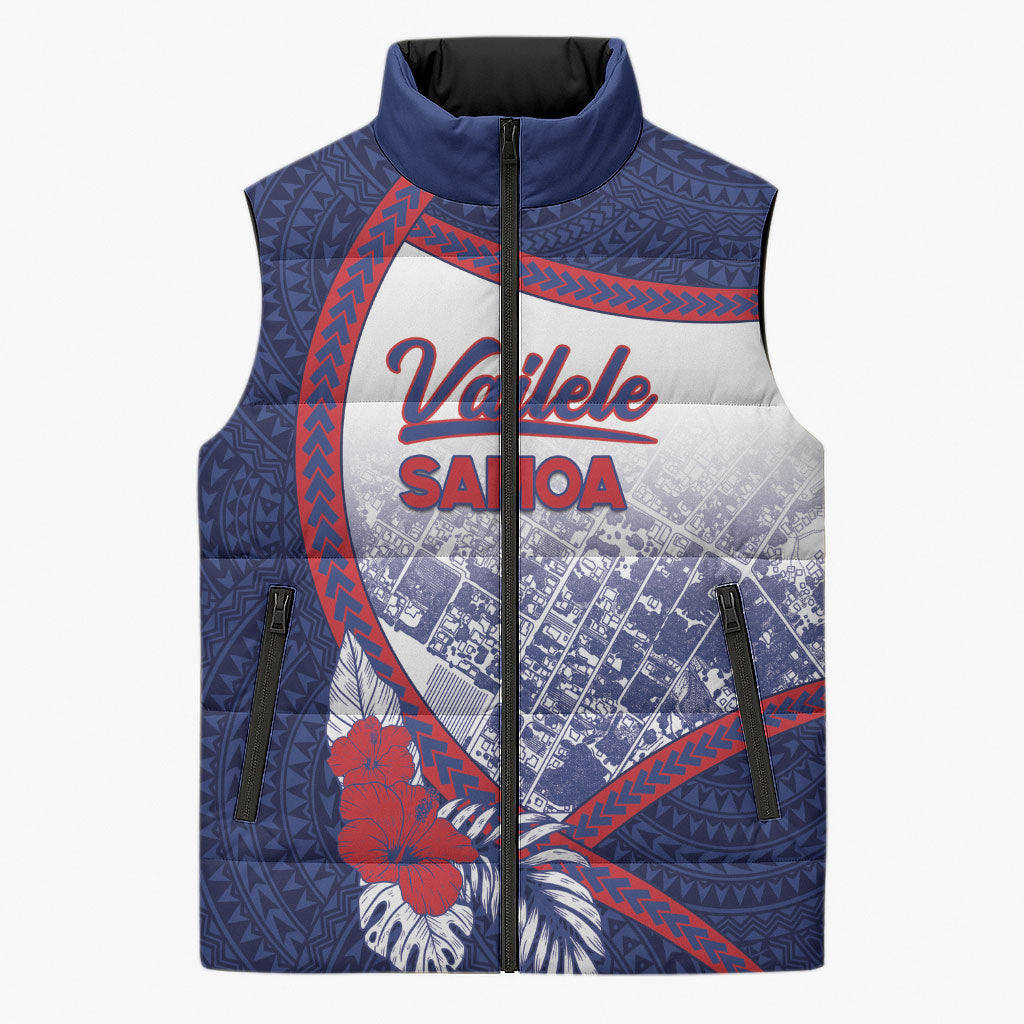 Personalised Vailele Samoa Village Sleeveless Puffer Jacket Map Polynesian Tribal Hibiscus Floral DT05 Unisex Navy - Polynesian Pride