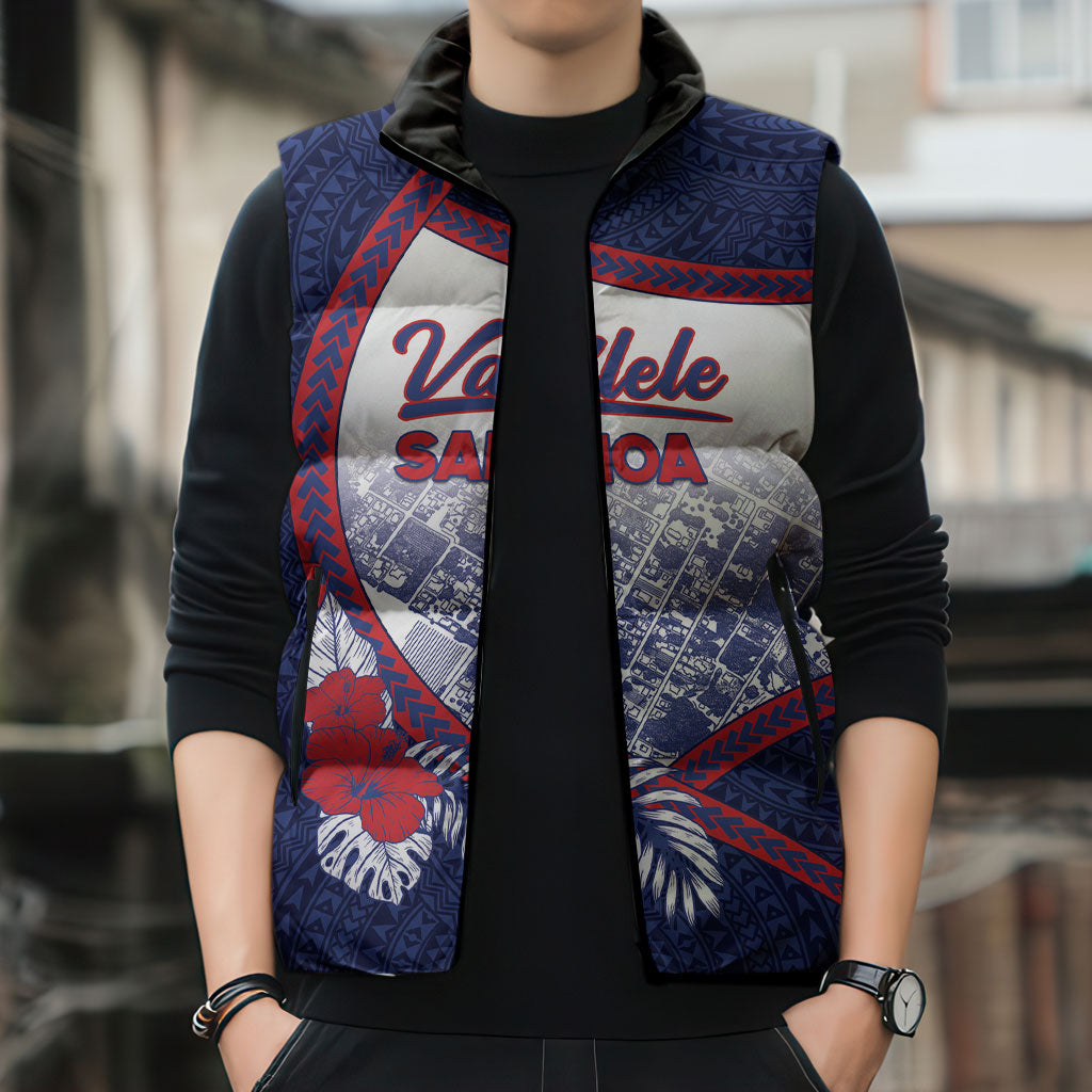 Personalised Vailele Samoa Village Sleeveless Puffer Jacket Map Polynesian Tribal Hibiscus Floral