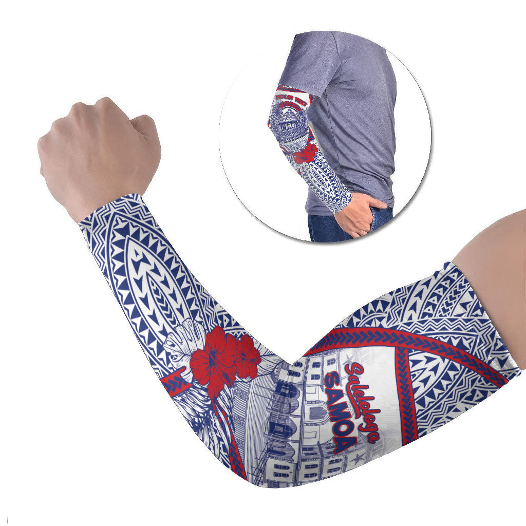 Personalised Salelologa Samoa Village Arm Sleeves Polynesian Tribal Church Landmark Hibiscus Floral DT05 Set of 2 White - Polynesian Pride