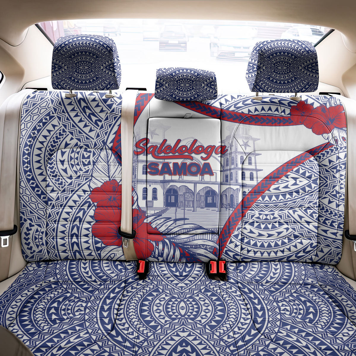 Salelologa Samoa Village Back Car Seat Cover Polynesian Tribal Church Landmark Hibiscus Floral