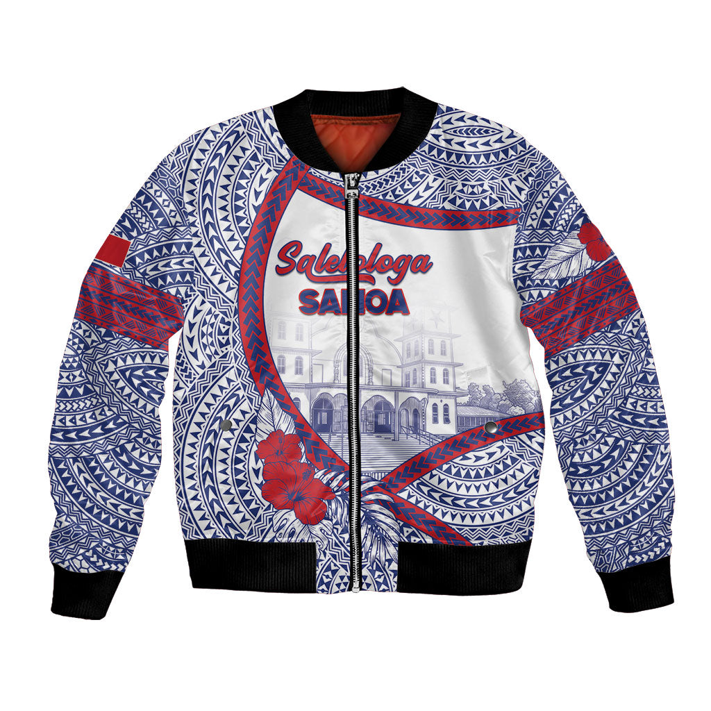 Personalised Salelologa Samoa Village Bomber Jacket Polynesian Tribal Church Landmark Hibiscus Floral DT05 Unisex White - Polynesian Pride