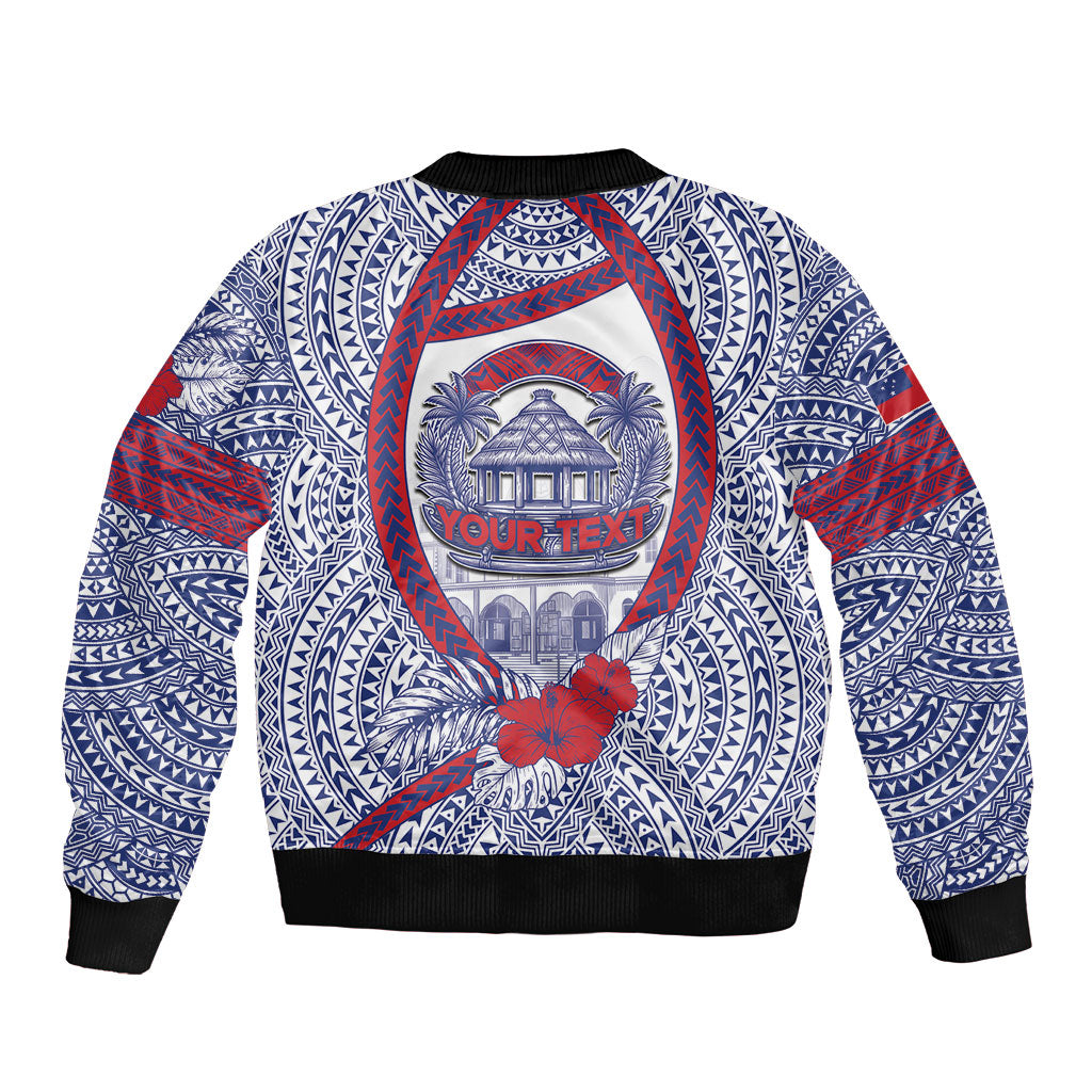 Personalised Salelologa Samoa Village Bomber Jacket Polynesian Tribal Church Landmark Hibiscus Floral