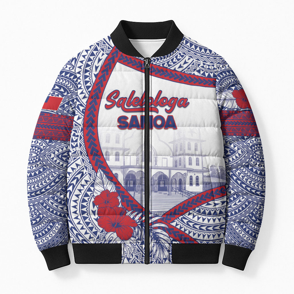 Personalised Salelologa Samoa Village Bomber Puffer Jacket Polynesian Tribal Church Landmark Hibiscus Floral DT05 Unisex White - Polynesian Pride