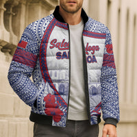 Personalised Salelologa Samoa Village Bomber Puffer Jacket Polynesian Tribal Church Landmark Hibiscus Floral