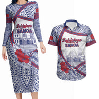 Personalised Salelologa Samoa Village Couples Matching Long Sleeve Bodycon Dress and Hawaiian Shirt Polynesian Tribal Church Landmark Hibiscus Floral