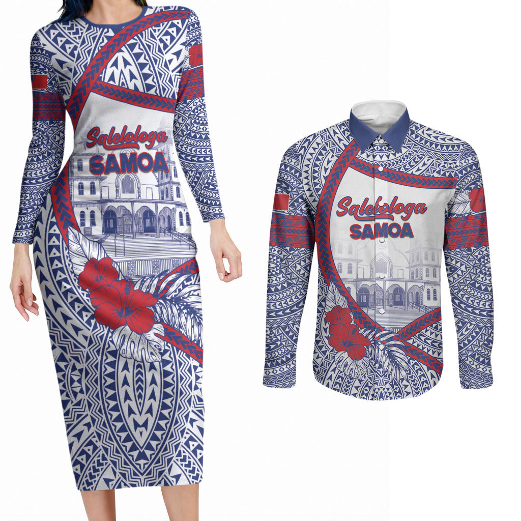 Personalised Salelologa Samoa Village Couples Matching Long Sleeve Bodycon Dress and Long Sleeve Button Shirt Polynesian Tribal Church Landmark Hibiscus Floral
