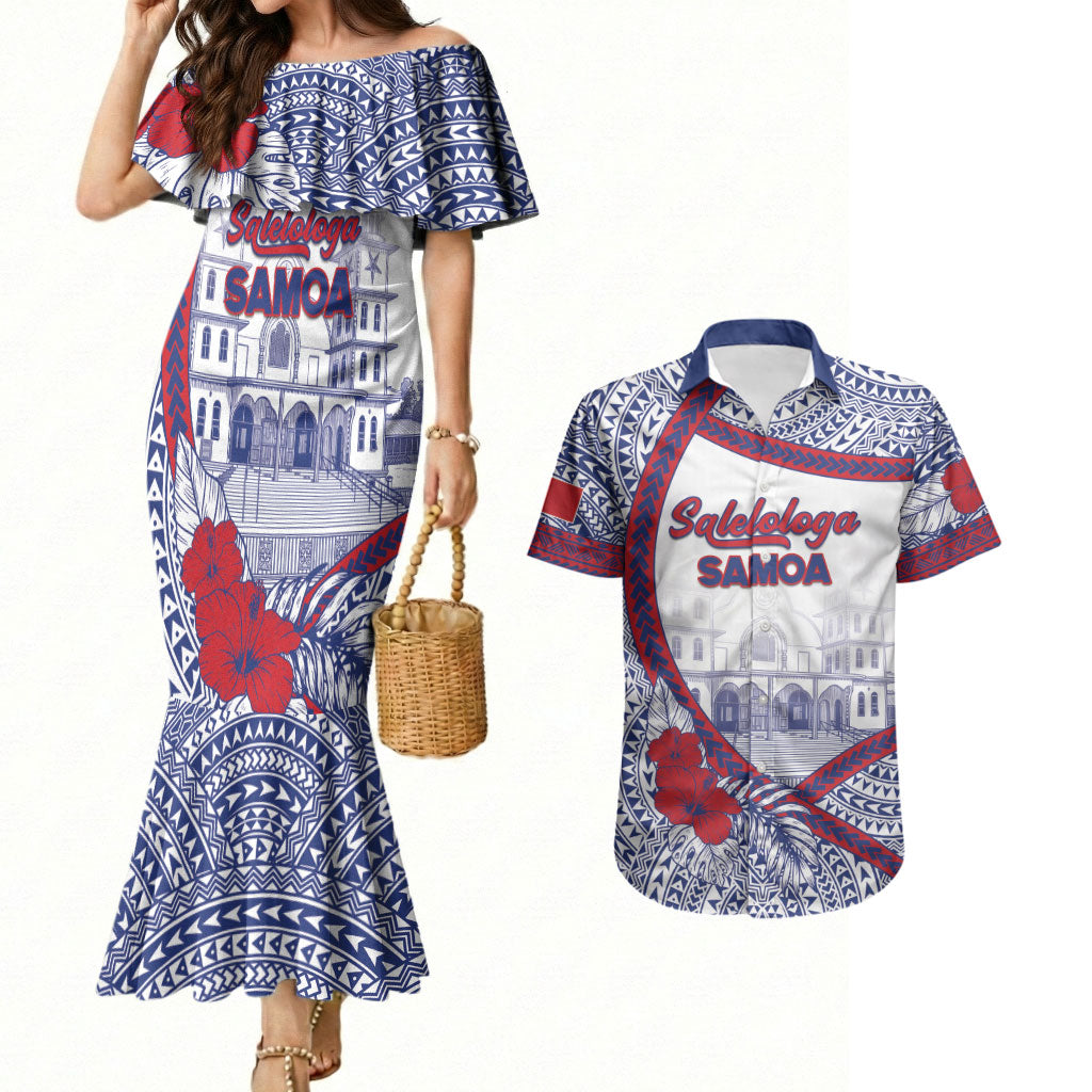 Personalised Salelologa Samoa Village Couples Matching Mermaid Dress and Hawaiian Shirt Polynesian Tribal Church Landmark Hibiscus Floral