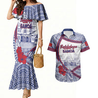 Personalised Salelologa Samoa Village Couples Matching Mermaid Dress and Hawaiian Shirt Polynesian Tribal Church Landmark Hibiscus Floral