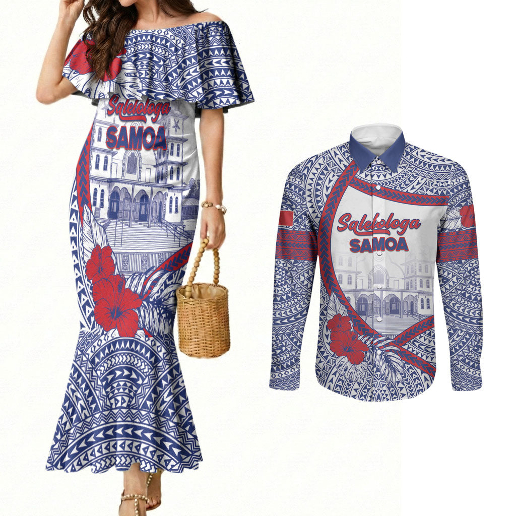 Personalised Salelologa Samoa Village Couples Matching Mermaid Dress and Long Sleeve Button Shirt Polynesian Tribal Church Landmark Hibiscus Floral