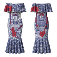 Personalised Salelologa Samoa Village Couples Matching Mermaid Dress and Long Sleeve Button Shirt Polynesian Tribal Church Landmark Hibiscus Floral