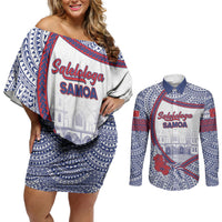 Personalised Salelologa Samoa Village Couples Matching Off Shoulder Short Dress and Long Sleeve Button Shirt Polynesian Tribal Church Landmark Hibiscus Floral